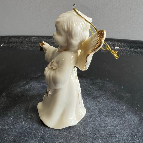 2001 Ivory Porcelain Christmas Angel Bell Ornament w/Gold Trim Holding Stars - Picture 5 of 6